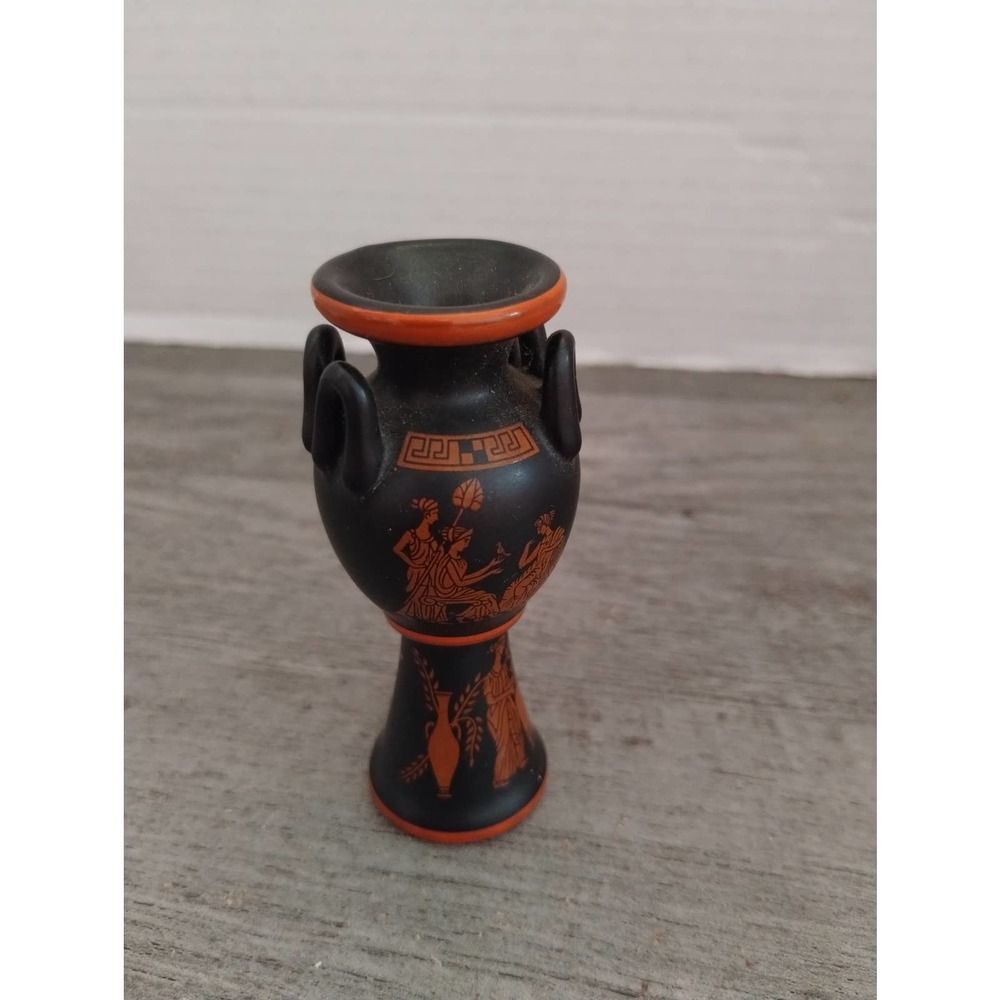 Roman Greek Scene Orange & Black 3 1/4" Miniature Vase ff 1983 Crafted in Japan